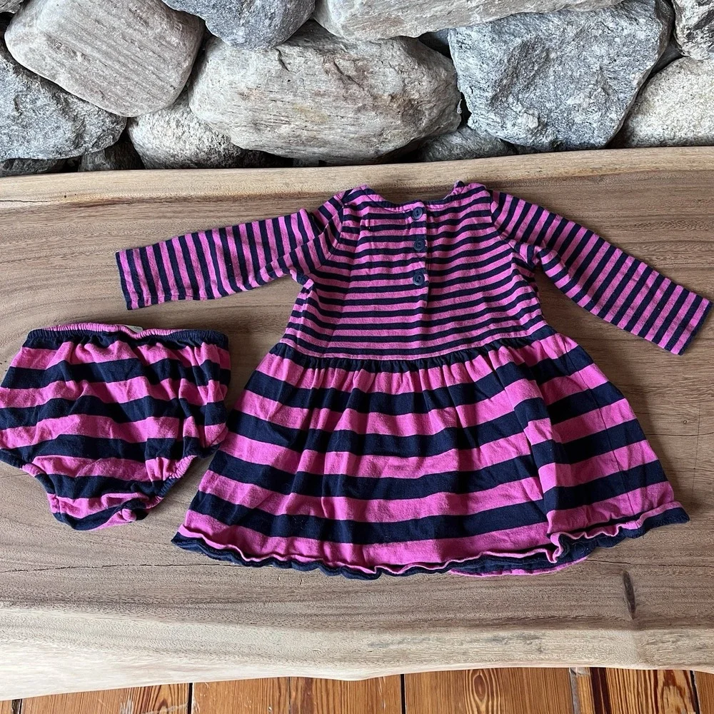 RALPH LAUREN BABY GIRL PINK Blue Striped LONG SLEEVE DRESS & BLOOMER SET 6 MO
